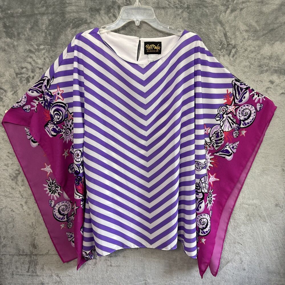 Bob Mackie  Med wearable art Kaftan top purple pink stripe floral